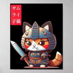 Samurai Kitten Kawaii Japansk konst för Anime Älsk Poster