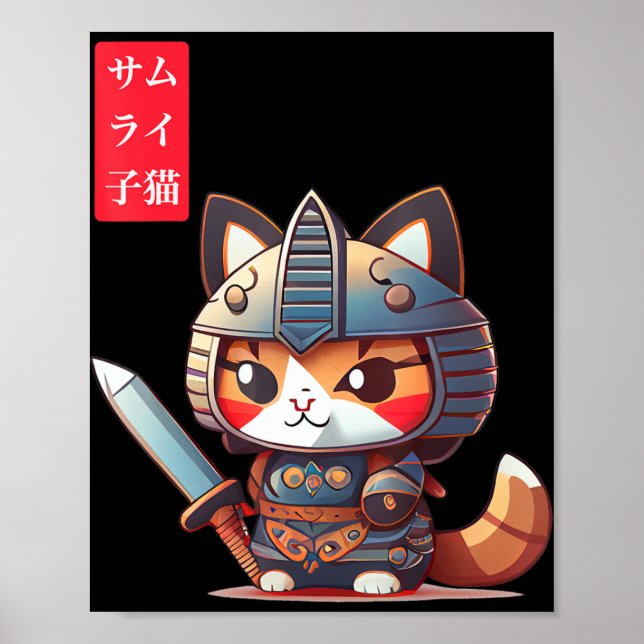 Samurai Kitten Kawaii Japansk konst för Anime Älsk Poster (Framsidan)