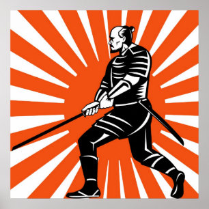 Samurai-krigare med katana-svärd som pekar på sida poster