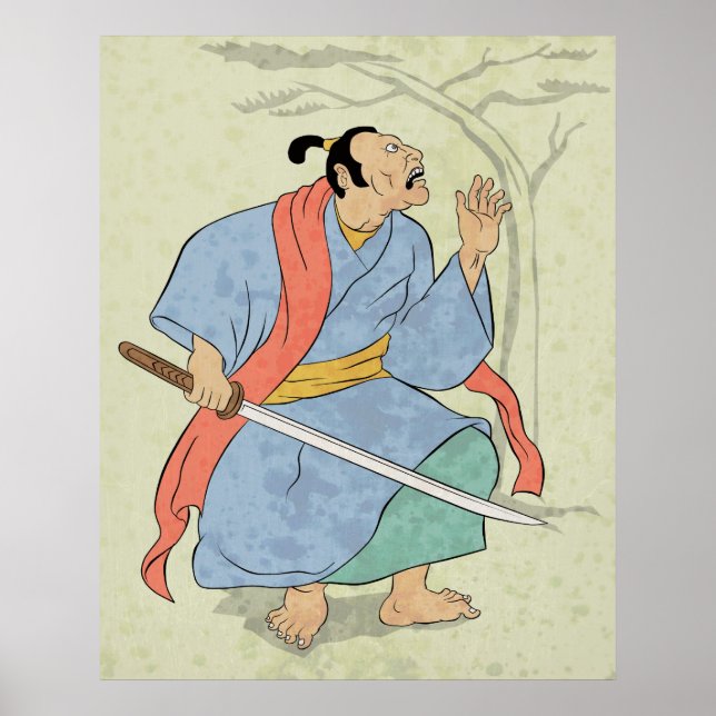 Samurai-krigare med svärd-träblocktryck poster (Framsidan)