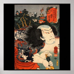 Samurai med en draketatuering och ett svärd C. Poster