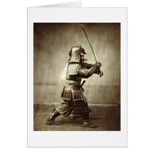 Samurai med upphöjt svärd, c.1860 (albumenavtryck) hälsningskort