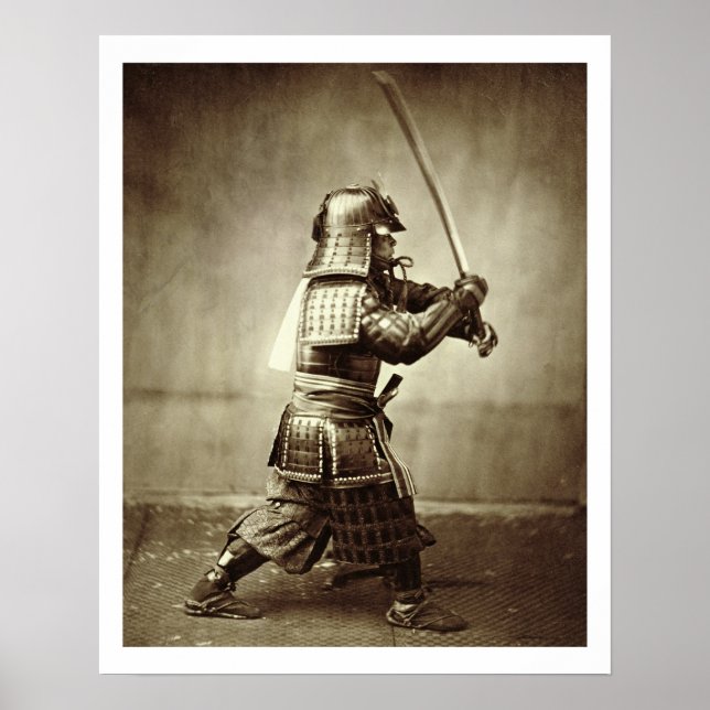 Samurai med upphöjt svärd, c.1860 (albumenavtryck) poster (Framsidan)