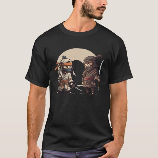 Samurai Meeting a Ninja Warrior Bushido Japansk M T Shirt (Framsida)
