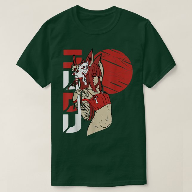 Samurai Neko Girl Katana Sword Blood Måne Manga Ka T Shirt (Design framsida)