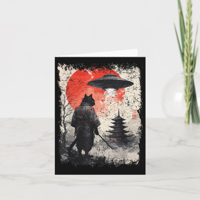 Samurai Ninja Cat Warrior Sumi-e Ufo Ukiyo-e Sci F Kort (Framsida)