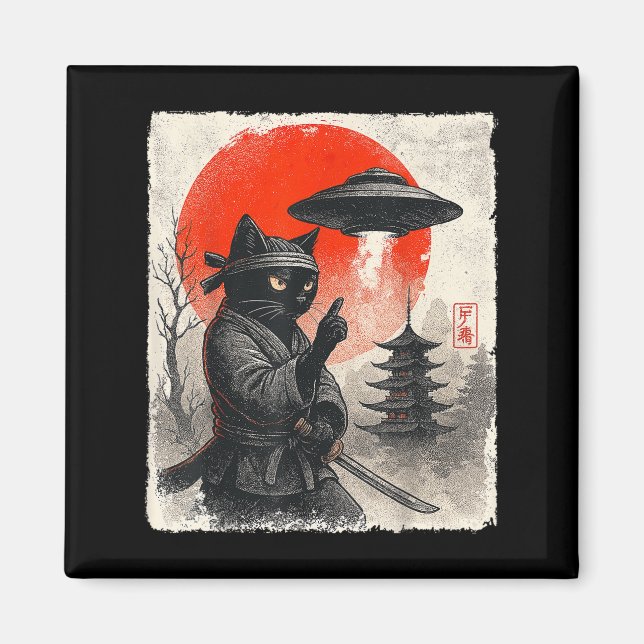 Samurai Ninja Cat Warrior Ufo jape Gifts Magnet (Framsidan)