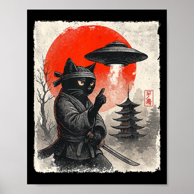Samurai Ninja Cat Warrior Ufo jape Gifts Poster (Framsidan)