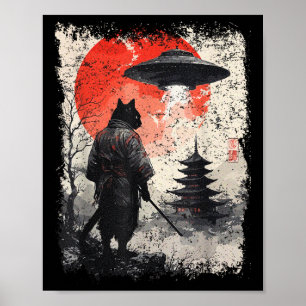 Samurai Ninja Katt Krigare Sumi-e Ufo Ukiyo-e Sci Poster