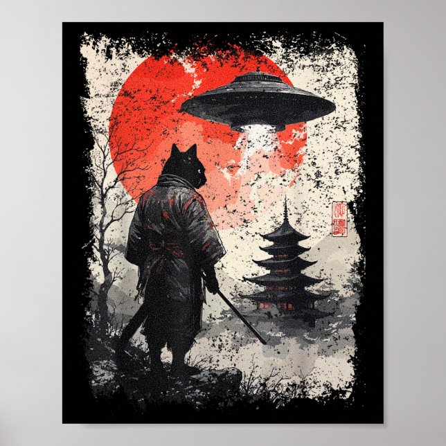 Samurai Ninja Katt Krigare Sumi-e Ufo Ukiyo-e Sci  Poster (Framsidan)