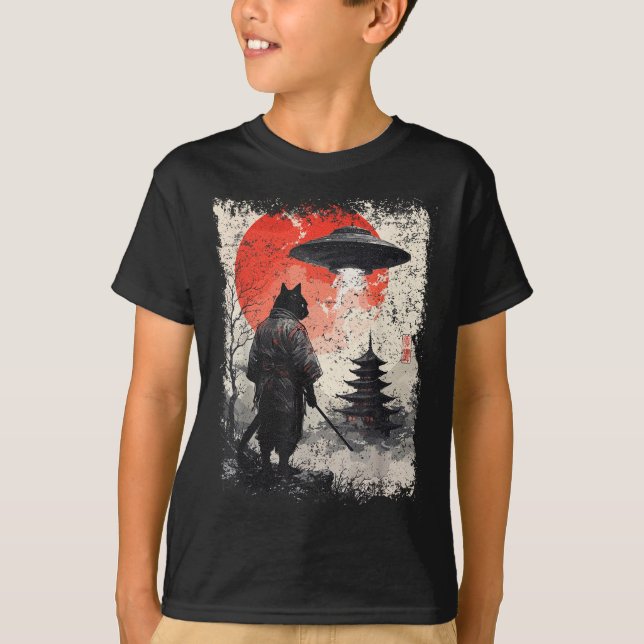 Samurai Ninja Katt Krigare Sumi-e Ufo Ukiyo-e Sci  T Shirt (Framsida)