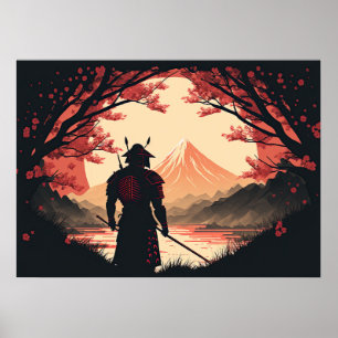 Samurai och Mt Fuji med Blommarna Måne och Cherry Poster
