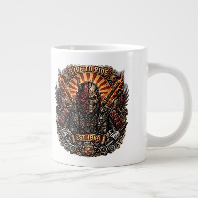Samurai Oni Biker, Live To Ride Est 1969 Route 66 Jumbo Mugg (Höger)