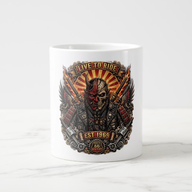 Samurai Oni Biker, Live To Ride Est 1969 Route 66 Jumbo Mugg (Framsidan)
