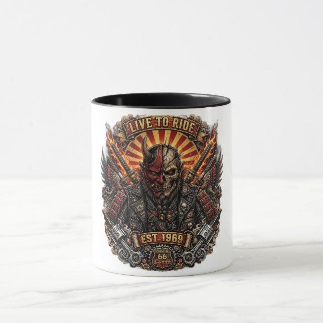 Samurai Oni Biker, Live To Ride Est 1969 Route 66 Mugg (Center)