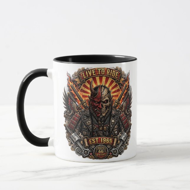 Samurai Oni Biker, Live To Ride Est 1969 Route 66 Mugg (Vänster)