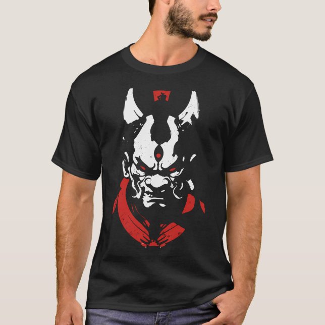 Samurai Oni Mask Anime Red White Kanji Aka to Shi T Shirt (Framsida)