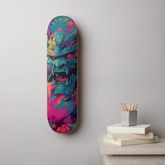 Samurai Oni Mask Graffiti Art - Begränsada upplaga Mini Skateboard Bräda 18,5 Cm (Väggkonst)