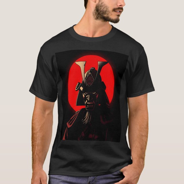 Samurai Oni-mask - Modig japansk röd måne krigare T Shirt (Framsida)