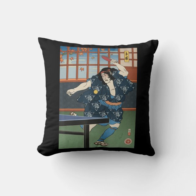 Samurai Play Bord Tennis Ping Pong Ukiyoe Kudde (Framsida)