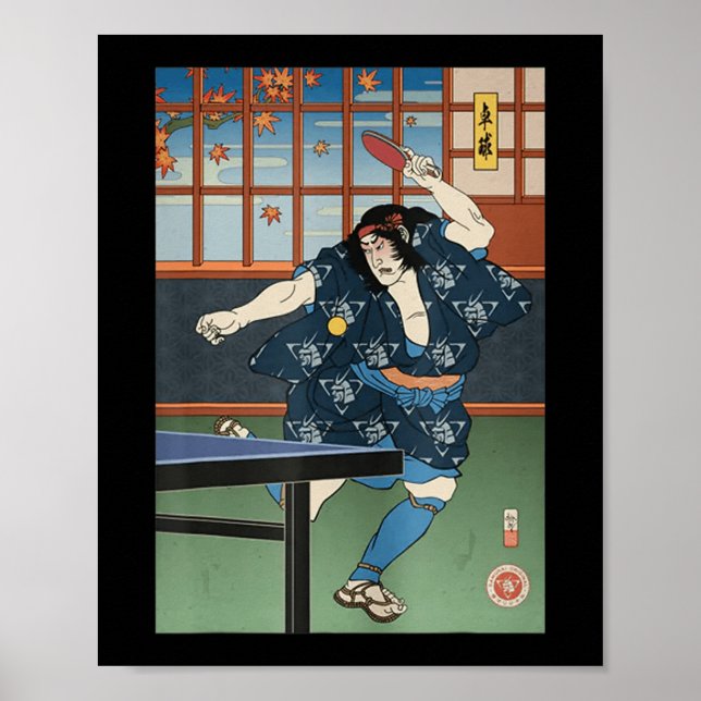 Samurai Play Bord Tennis Ping Pong Ukiyoe Poster (Framsidan)