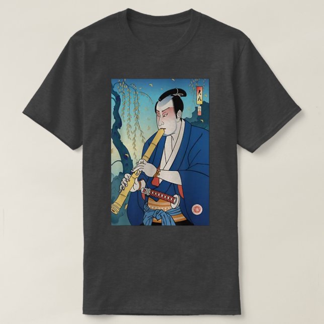 Samurai Play Shakuhachi Bamboo Flute Ukiyoe Japane T Shirt (Design framsida)