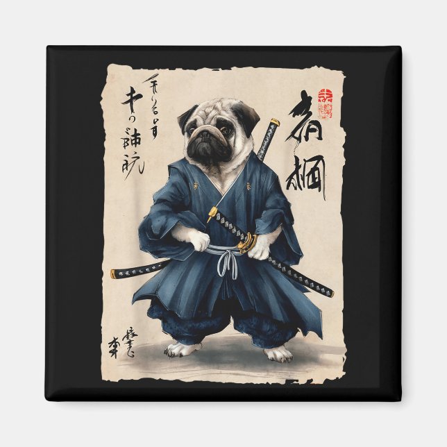 Samurai Pug Japanese Anime Dog Pug Lover Funny For Magnet (Framsidan)