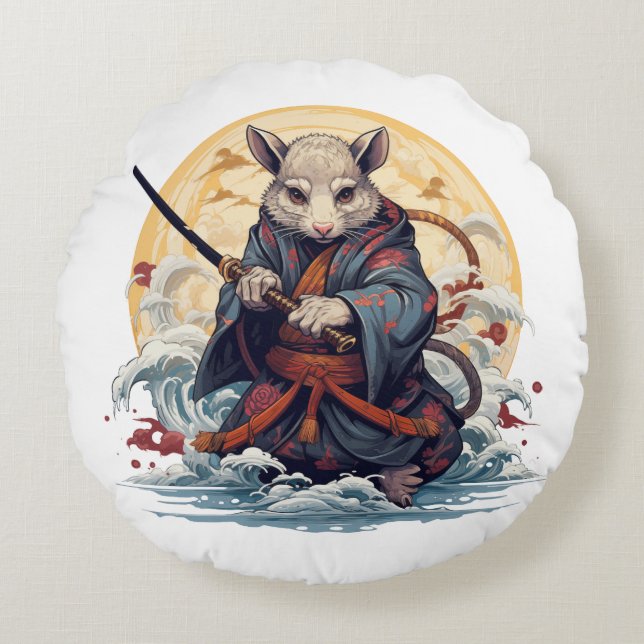 Samurai Rat Throw Pillows Rund Kudde (Framsidan)