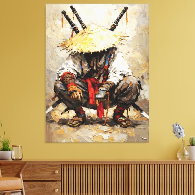 Samurai Resting Palette Knife Orange Impasto Canvastryck (Insitu (Vardagsrum))
