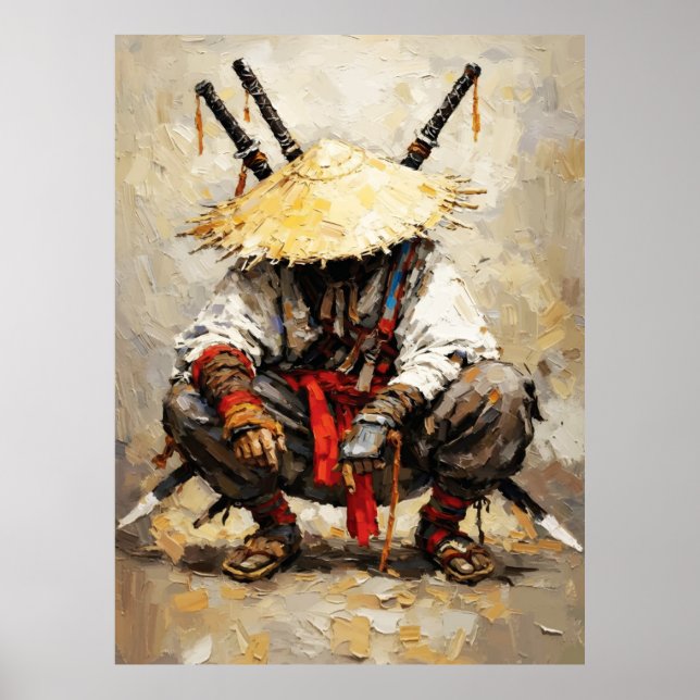 Samurai Resting Palette Knife Orange Impasto Poster (Framsidan)