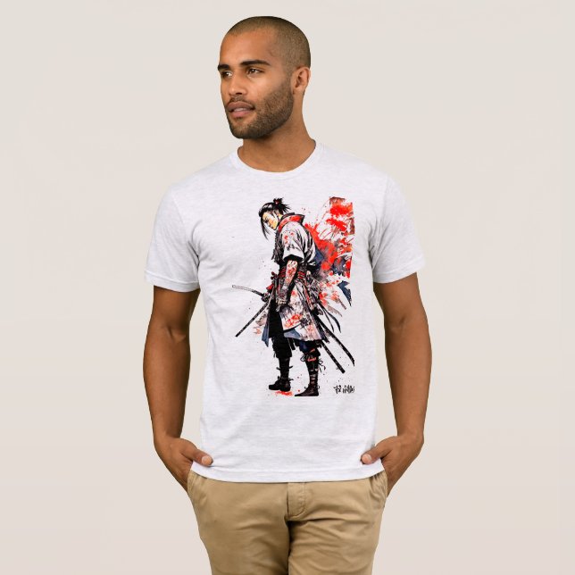 Samurai Serenity: Japan Watercolor Painting T Shirt (Hel framsida)