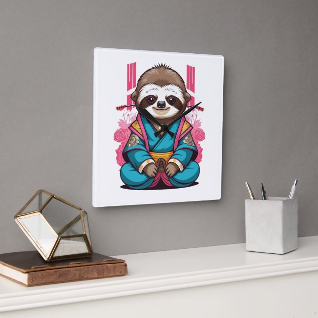 Samurai Sloth Halloween Quirky Ninja Warrior Decor Fyrkantig Klocka (Kontor)