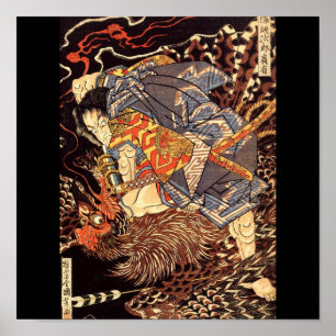 Samurai som dödar Tengu/fågelmålning, C. 1800's Poster