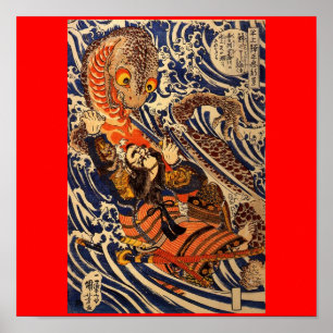Samurai som kämpar mot stor reptil, runt 1800-tale poster