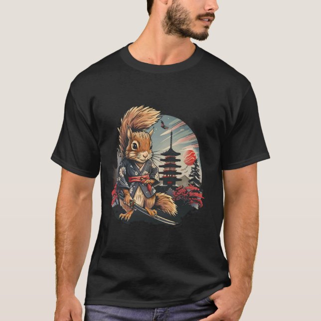 Samurai Squirrel Japansk Art Pagoda Temple Japane T Shirt (Framsida)