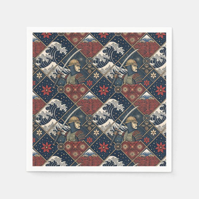 Samurai & Stora Våg Traditionellt Japanskt Mönster Pappersservett (Framsidan)