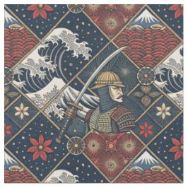 Samurai & Stora Våg Traditionellt Japanskt Mönster Tyg