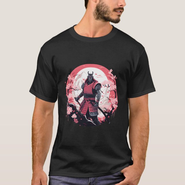 Samurai Stylized Illustration Armor Cherry Blommar T Shirt (Framsida)
