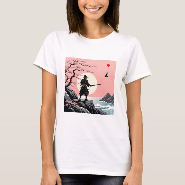 Samurai Sunset Design - Ukiyo-e Cherry Blossom Art T Shirt (Framsida)
