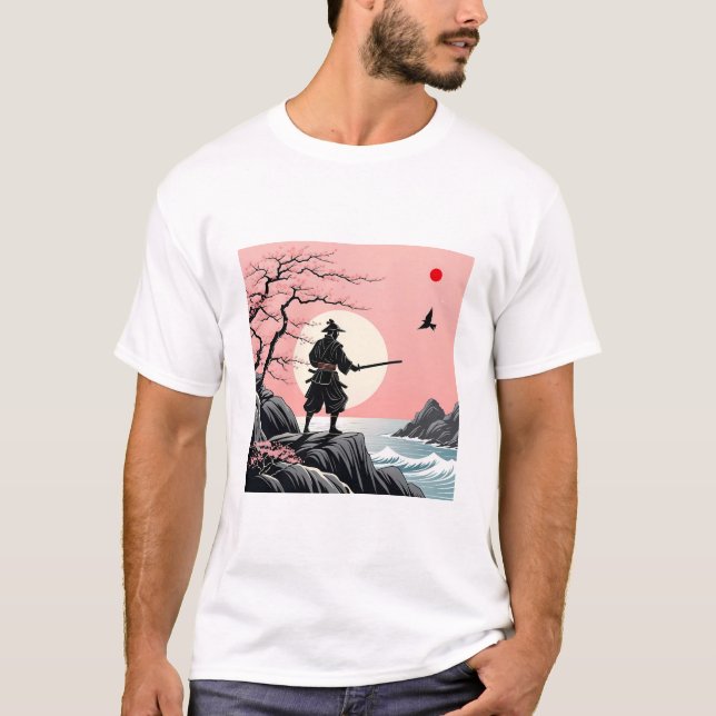 Samurai Sunset Design - Ukiyo-e Cherry Blossom Art T Shirt (Framsida)