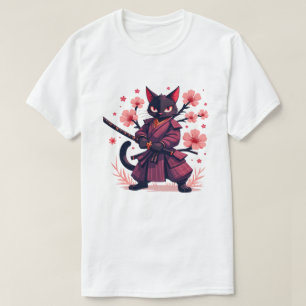 Samurai Svart Katt Japansk Estetik Körsbärsblomma T Shirt