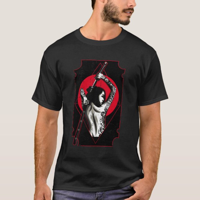 Samurai Sword Girl Distress Japanska Stil T Shirt (Framsida)