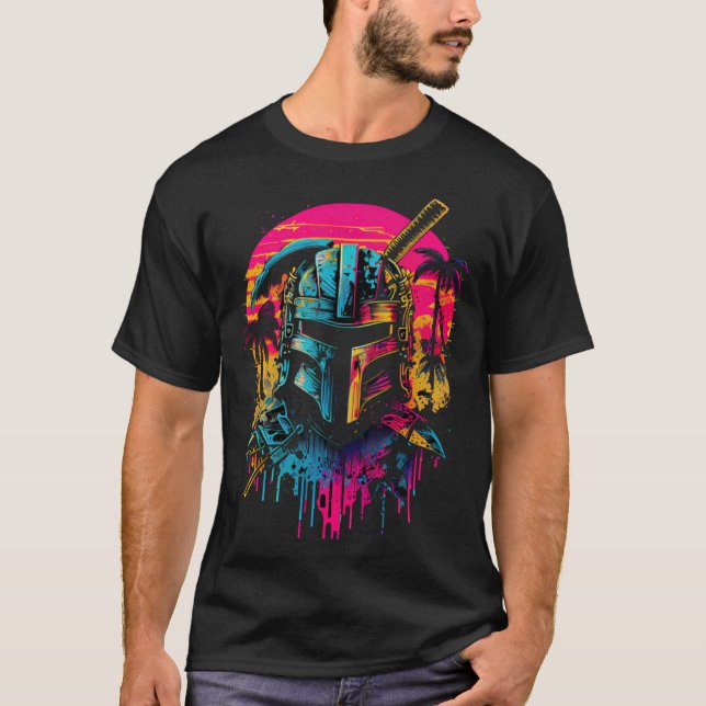 Samurai Synthwave Retrowave Colorful 80s Graphic T Shirt (Framsida)