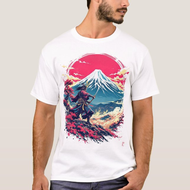 Samurai Warrior at Mount Fuji Japanese Art T-Shirt (Framsida)