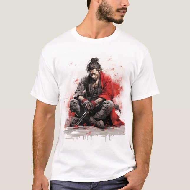 Samurai Warrior Crouching with Drawn Sword T-Shirt (Framsida)