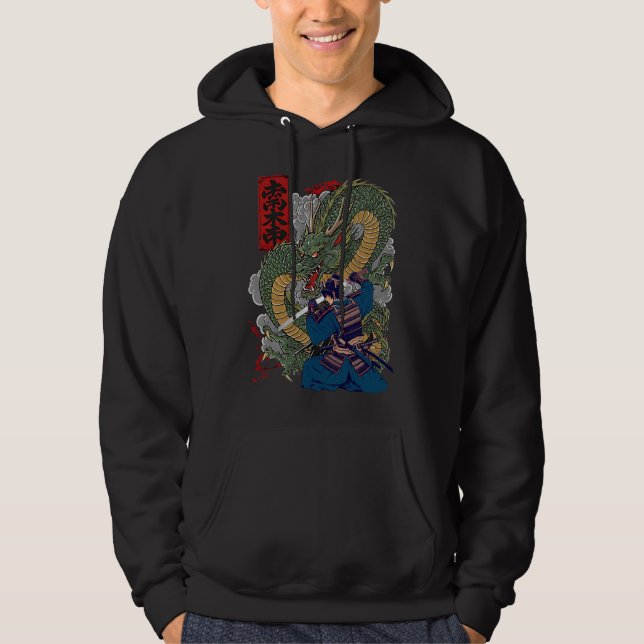 Samurai Warrior Facing Fierce Dragon Japansk konst Hoodie (Framsida)