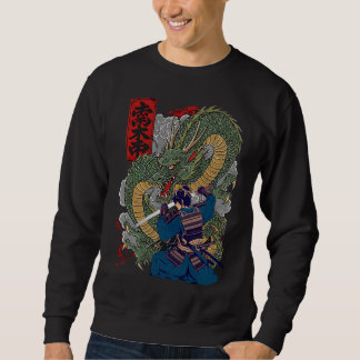 Samurai Warrior Facing Fierce Dragon Japansk konst Lång Ärmad Tröja