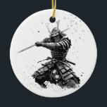 Samurai Warrior in Action Japanese Art Ceramic  Julgransprydnad Keramik<br><div class="desc">A striking black-and-white illustration of a samurai warrior ready for battle. Inspired by traditional Japanese culture,  bushido code,  and manga art style. Perfect for fans of samurai,  Japan,  anime aesthetics,  and minimalist ink designs. A unique decorative ornament and a great gift idea.</div>