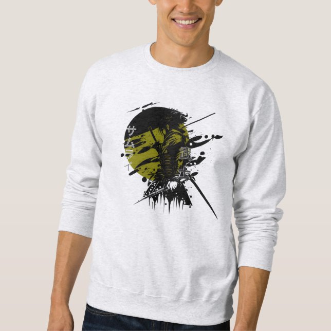Samurai Warrior Japanska Bläck Art T-Shirt Lång Ärmad Tröja (Framsida)