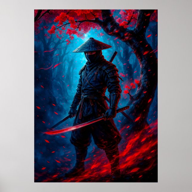 Samurai Warrior med Glowing Katana Fantasy Poster (Framsidan)